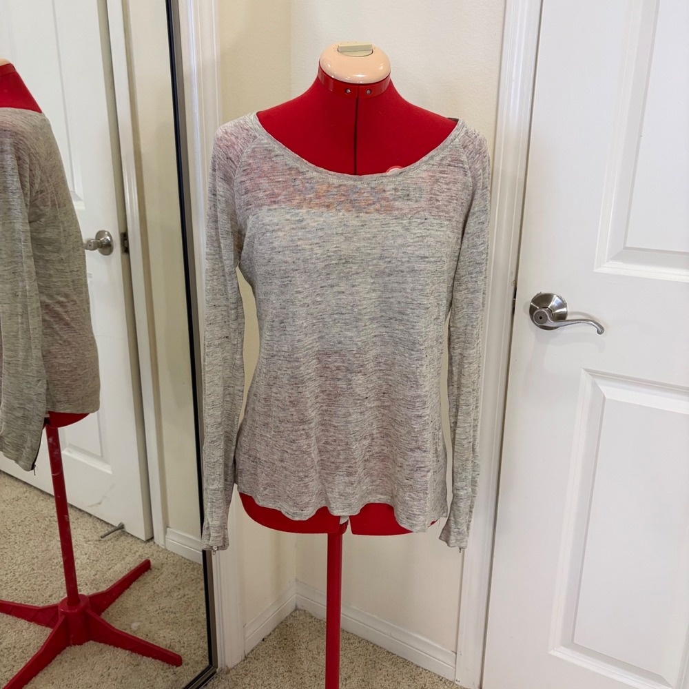 Claudie Pierlot Track Linen Knit Top Grey Long Sleeve Zipper Cuff Size 3